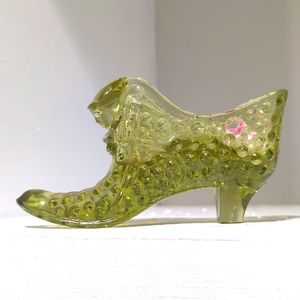 Fenton Glass Vintage Green Daisy and Botton Cat Head Glass 6" Slipper/Shoe